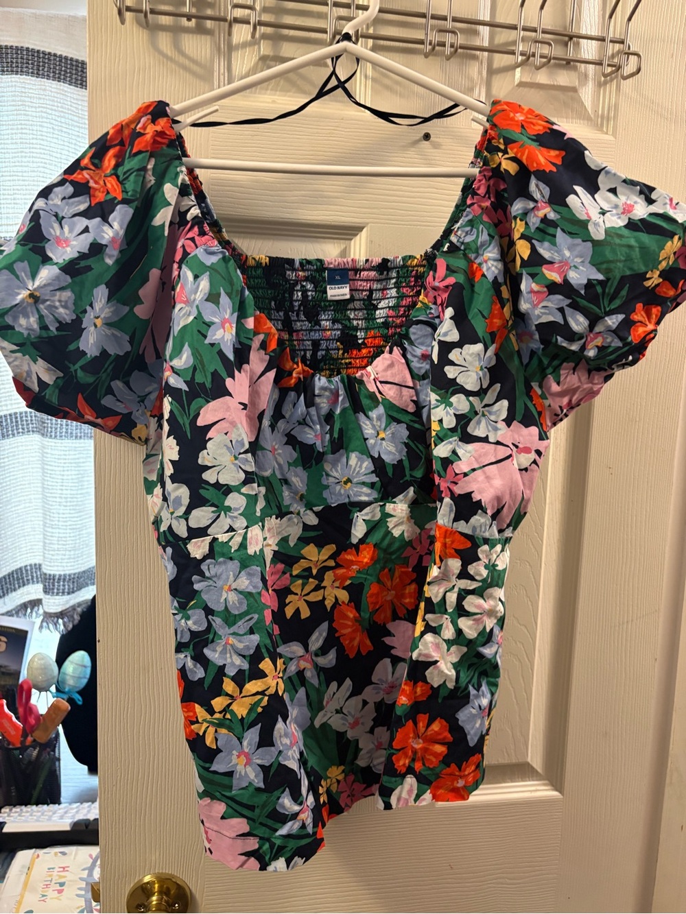 Old Navy Navy Floral Puff-Sleeve Square-Neck Blouse